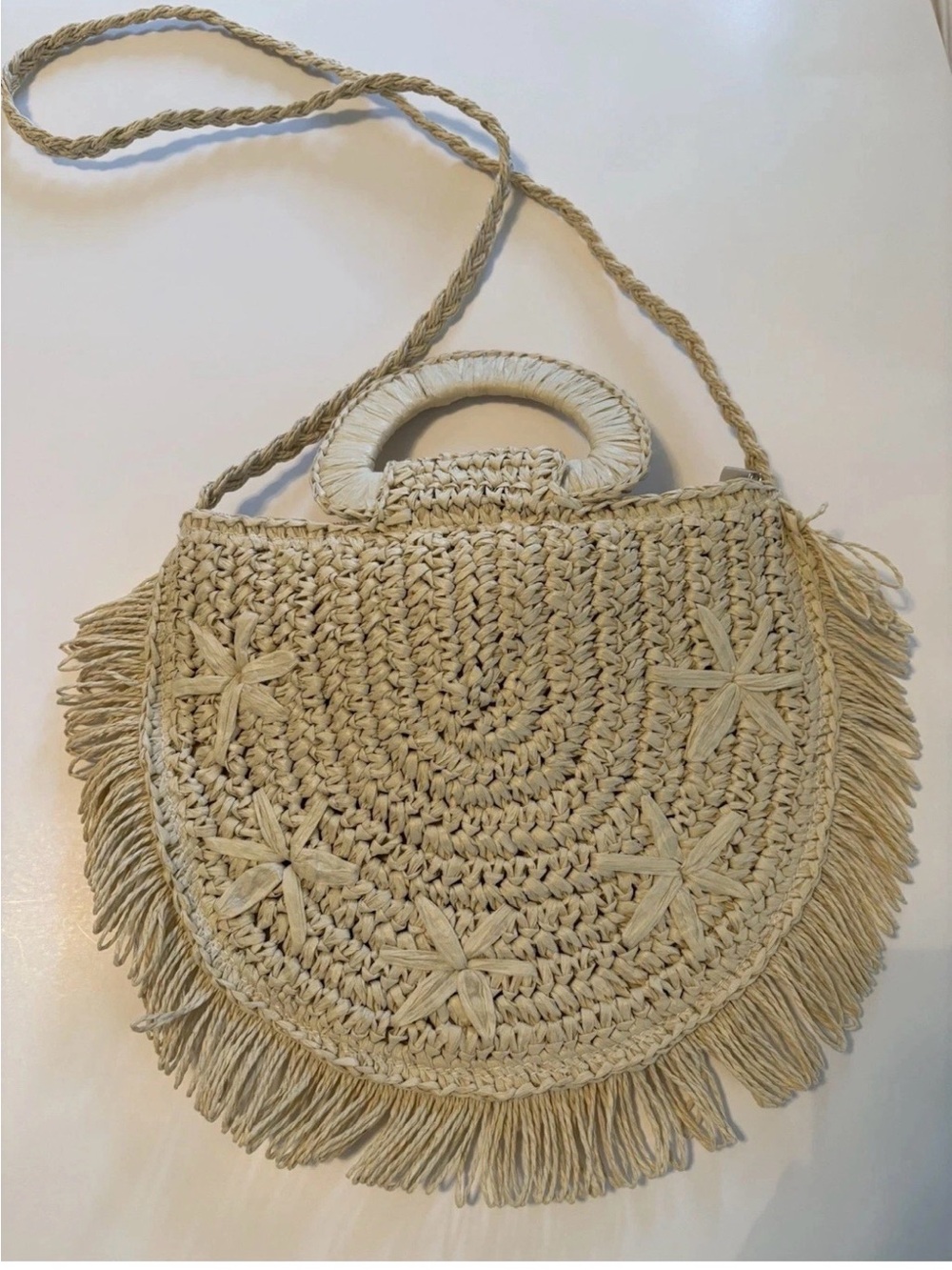NEW Unique Woven Straw starfish embroidered boho Fringe crossbody or clutch Bag